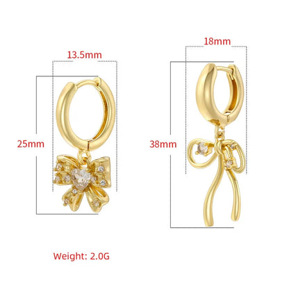 1 Pair Casual Simple Style Bow Knot Plating Inlay Copper Zircon 18K Gold Plated Drop Earrings