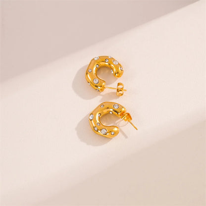 1 Pair Casual Simple Style C Shape Plating Inlay Stainless Steel Titanium Steel Rhinestones 18k Gold Plated Ear Studs