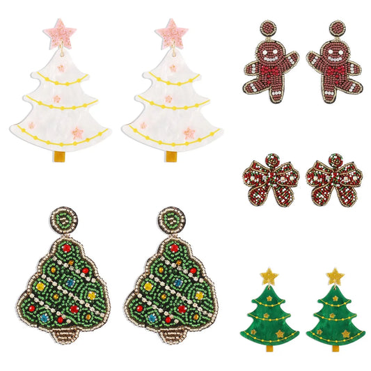 1 Pair Casual Simple Style Christmas Hat Christmas Tree Gingerbread Arylic Pu Leather Seed Bead Drop Earrings