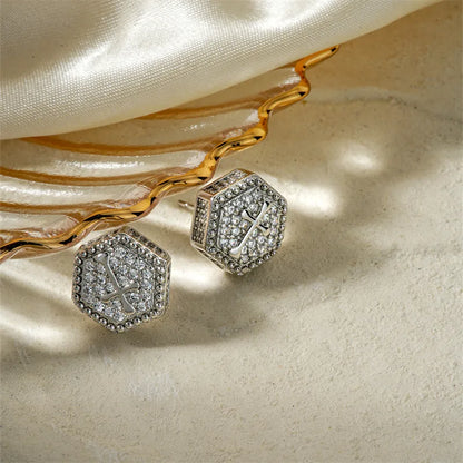 1 Pair Casual Simple Style Classic Style Hexagon Cross Inlay Copper Zircon K Gold Plated Rhodium Plated Ear Studs