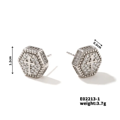 1 Pair Casual Simple Style Classic Style Hexagon Cross Inlay Copper Zircon K Gold Plated Rhodium Plated Ear Studs