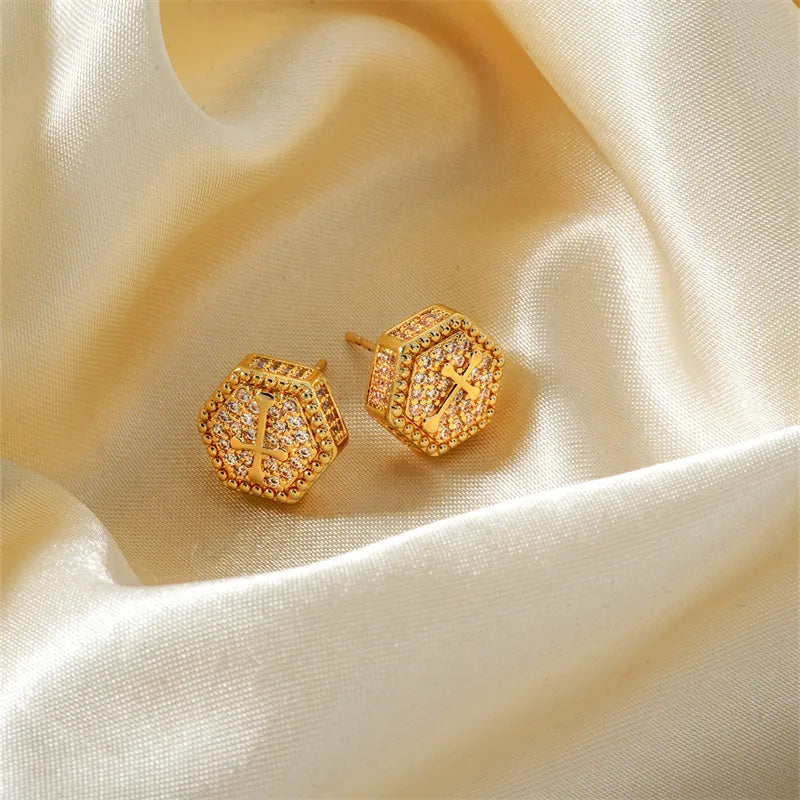 1 Pair Casual Simple Style Classic Style Hexagon Cross Inlay Copper Zircon K Gold Plated Rhodium Plated Ear Studs