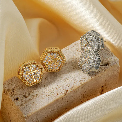 1 Pair Casual Simple Style Classic Style Hexagon Cross Inlay Copper Zircon K Gold Plated Rhodium Plated Ear Studs