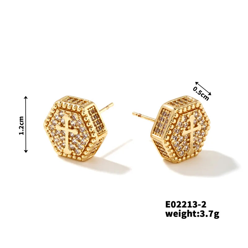 1 Pair Casual Simple Style Classic Style Hexagon Cross Inlay Copper Zircon K Gold Plated Rhodium Plated Ear Studs