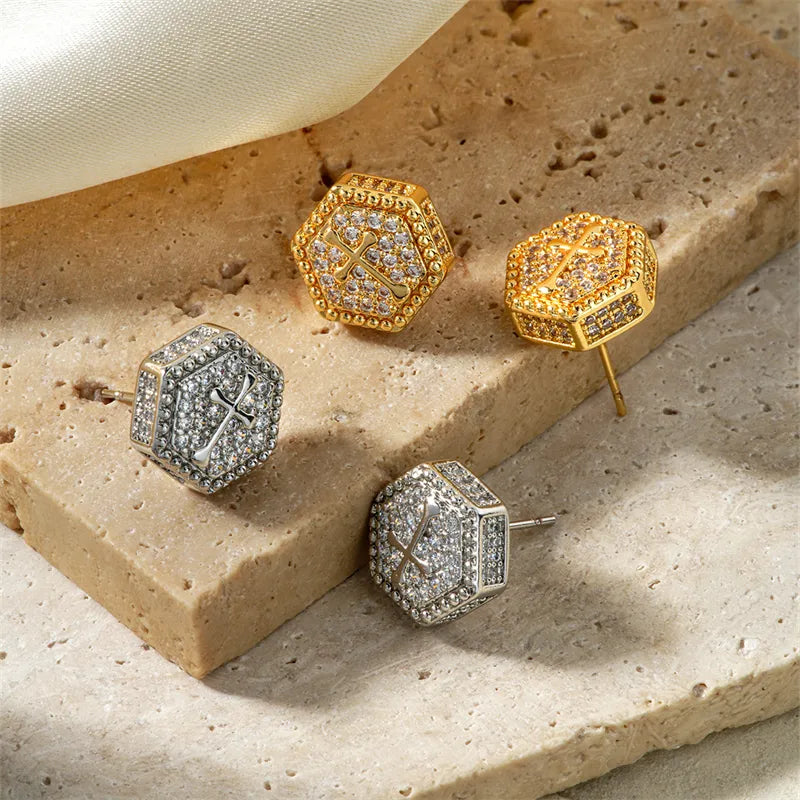 1 Pair Casual Simple Style Classic Style Hexagon Cross Inlay Copper Zircon K Gold Plated Rhodium Plated Ear Studs