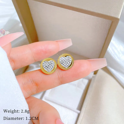 1 Pair Casual Simple Style Classic Style Round Heart Shape Inlay Titanium Steel Artificial Diamond Ear Studs