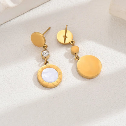 1 Pair Casual Simple Style Classic Style Round Inlay 201 Stainless Steel Rhinestones Shell 18K Gold Plated Drop Earrings