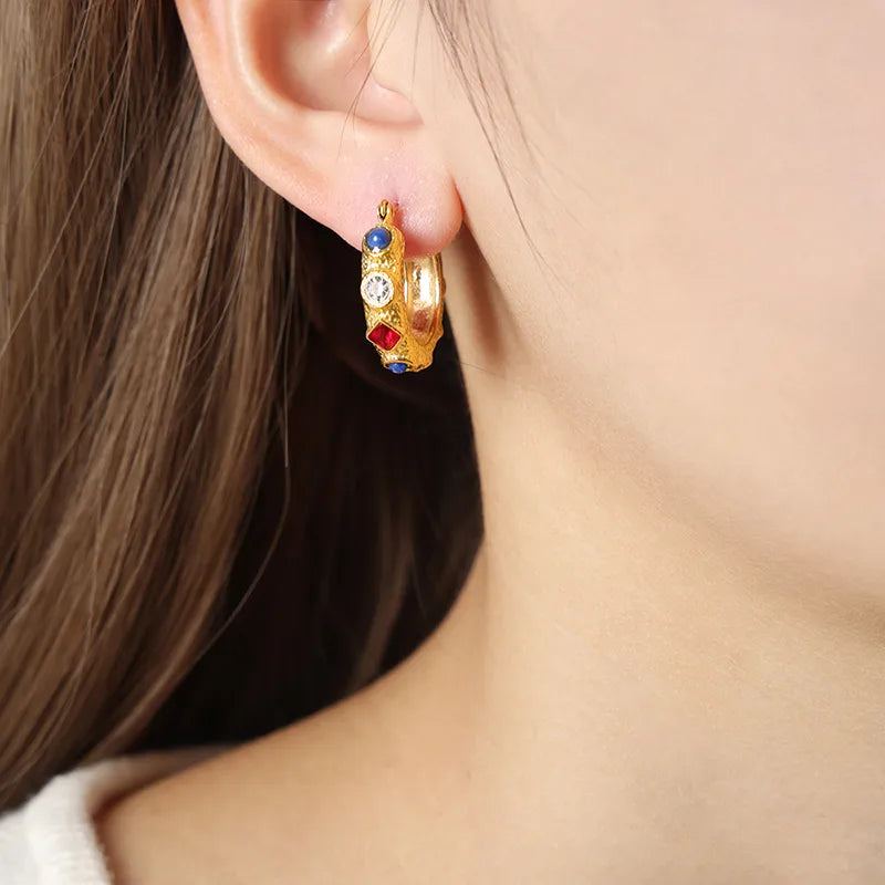 1 Pair Casual Simple Style Color Block Plating Inlay Titanium Steel Turquoise Glass Zircon 18K Gold Plated Hoop Earrings