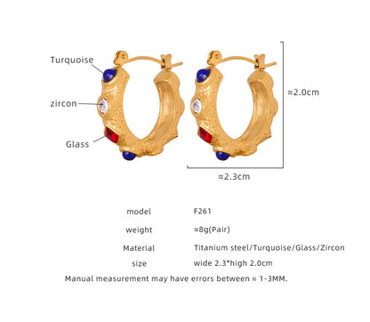 1 Pair Casual Simple Style Color Block Plating Inlay Titanium Steel Turquoise Glass Zircon 18K Gold Plated Hoop Earrings