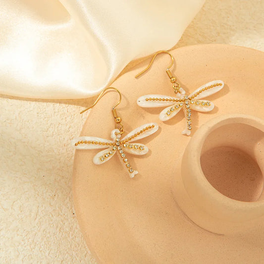 1 Pair Casual Simple Style Dragonfly Inlay 304 Stainless Steel Arylic Zircon 14K Gold Plated Drop Earrings