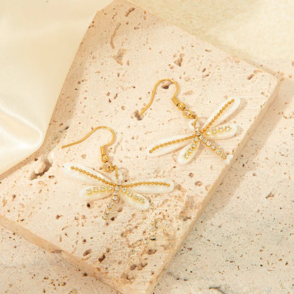 1 Pair Casual Simple Style Dragonfly Inlay 304 Stainless Steel Arylic Zircon 14K Gold Plated Drop Earrings