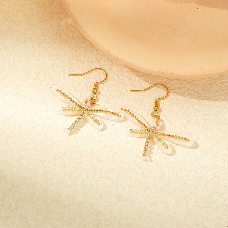 1 Pair Casual Simple Style Dragonfly Inlay 304 Stainless Steel Arylic Zircon 14K Gold Plated Drop Earrings