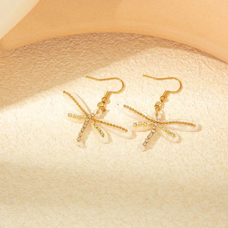 1 Pair Casual Simple Style Dragonfly Inlay 304 Stainless Steel Arylic Zircon 14K Gold Plated Drop Earrings