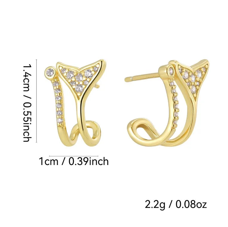 1 Pair Casual Simple Style Fish Tail Inlay Sterling Silver Zircon 14K Gold Plated Ear Studs