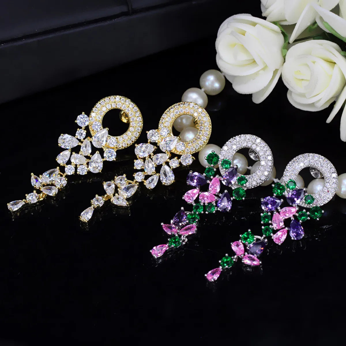 1 Pair Casual Simple Style Flower Plating Inlay Copper Zircon Rhodium Plated Silver Plated Drop Earrings