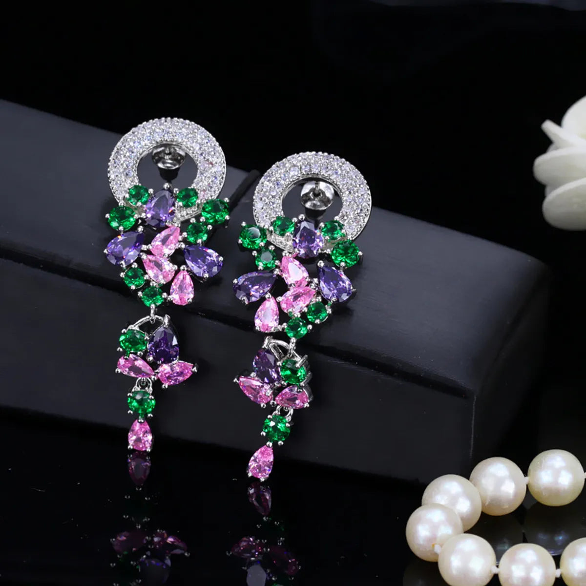 1 Pair Casual Simple Style Flower Plating Inlay Copper Zircon Rhodium Plated Silver Plated Drop Earrings