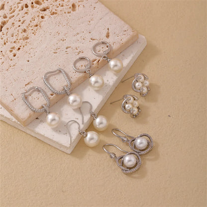 1 Pair Casual Simple Style Geometric Copper Pearl Zircon Silver Plated Drop Earrings Ear Studs