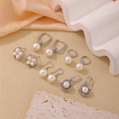 1 Pair Casual Simple Style Geometric Copper Pearl Zircon Silver Plated Drop Earrings Ear Studs