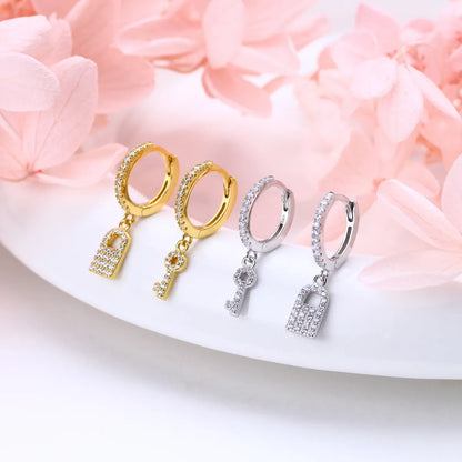 1 Pair Casual Simple Style Key Lock Asymmetrical Plating Inlay Sterling Silver Zircon White Gold Plated Gold Plated Drop Earrings