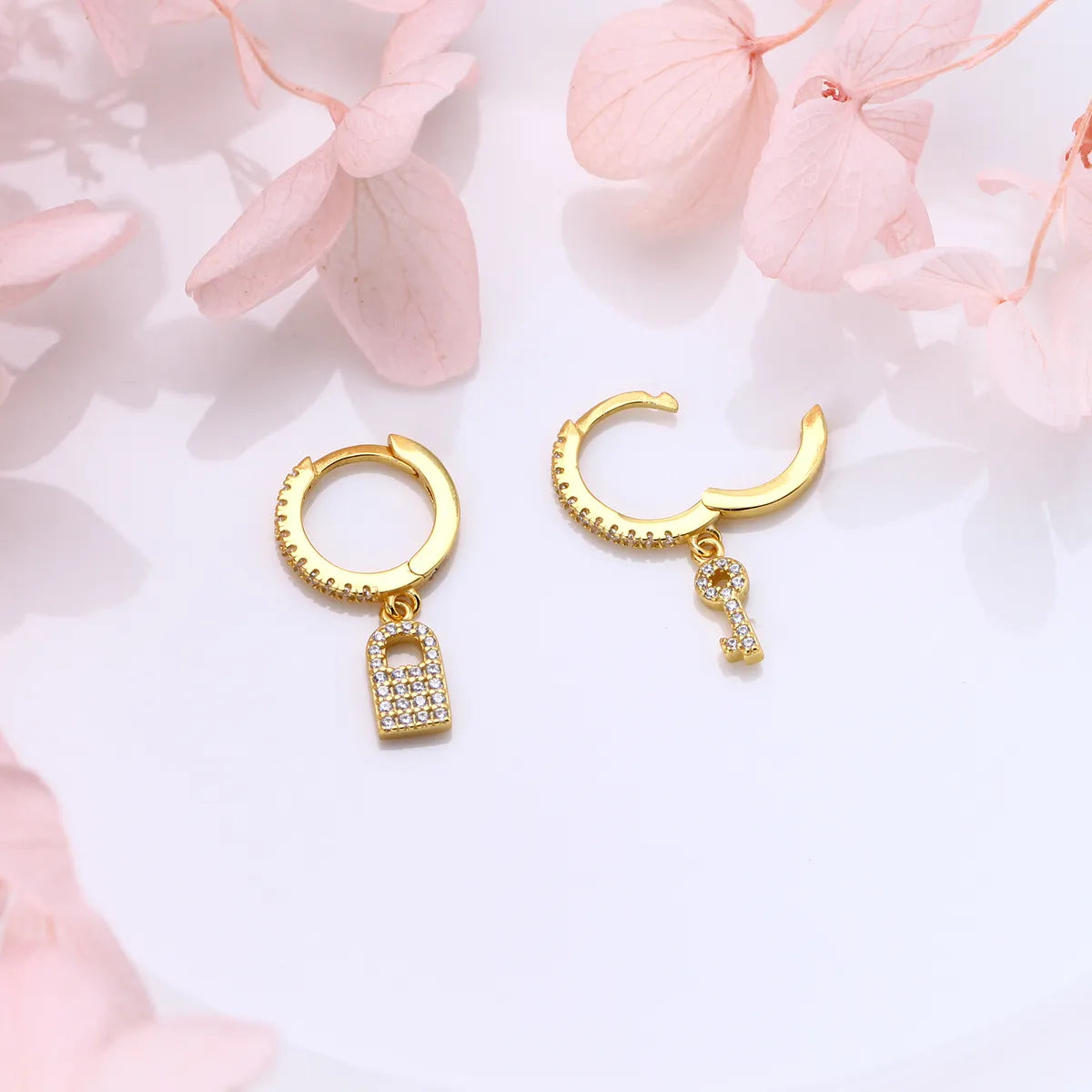 1 Pair Casual Simple Style Key Lock Asymmetrical Plating Inlay Sterling Silver Zircon White Gold Plated Gold Plated Drop Earrings