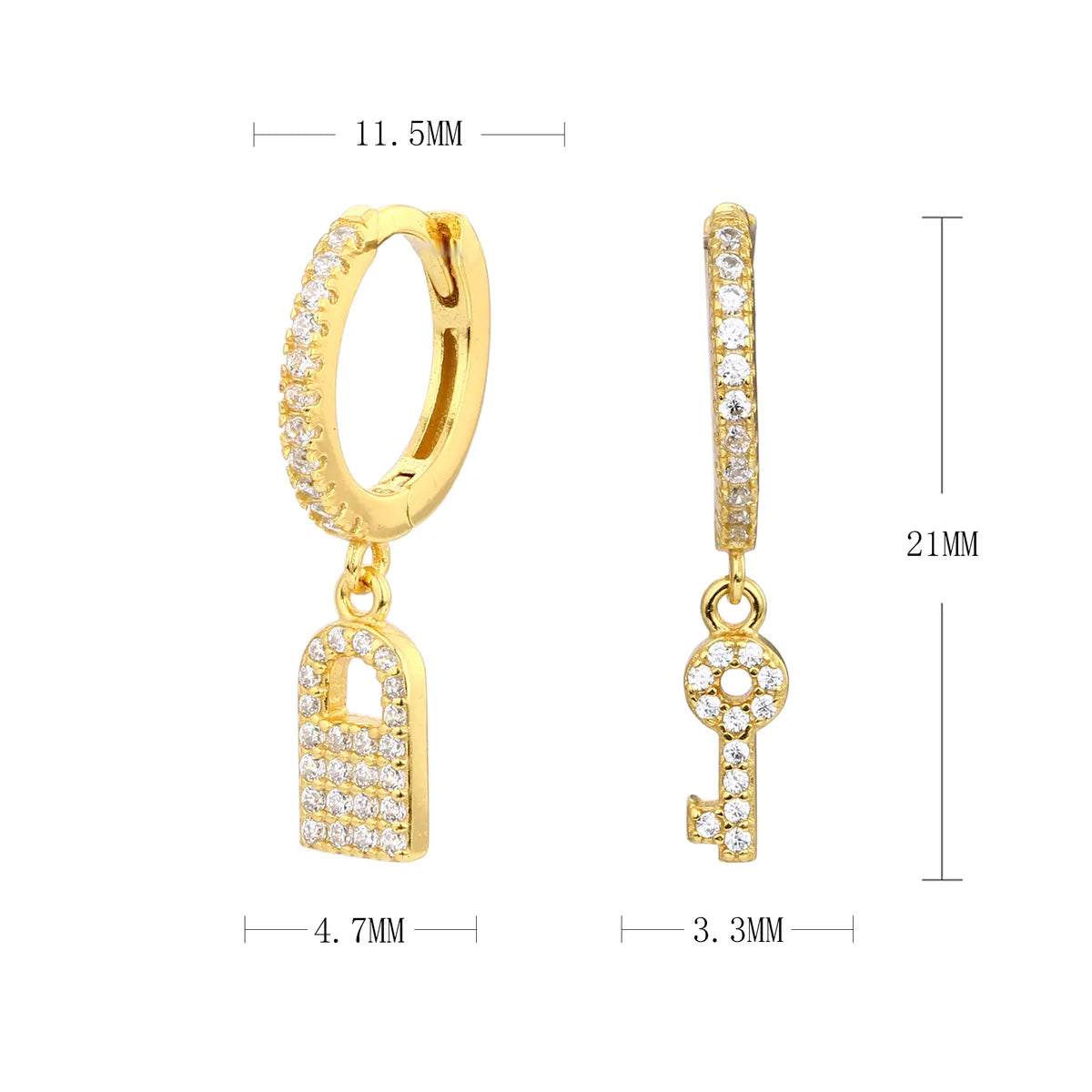 1 Pair Casual Simple Style Key Lock Asymmetrical Plating Inlay Sterling Silver Zircon White Gold Plated Gold Plated Drop Earrings