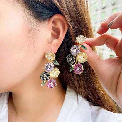 1 Pair Casual Simple Style Plant Flower Petal Plating Inlay Copper Zircon Rhodium Plated Silver Plated Drop Earrings