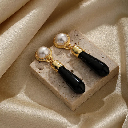 1 Pair Casual Simple Style Round Agate Plating Inlay Copper Pearl 18k Gold Plated Drop Earrings