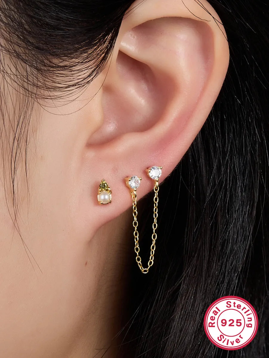 1 Pair Casual Simple Style Round Chain Plating Inlay Sterling Silver Zircon 18k Gold Plated White Gold Plated Ear Studs