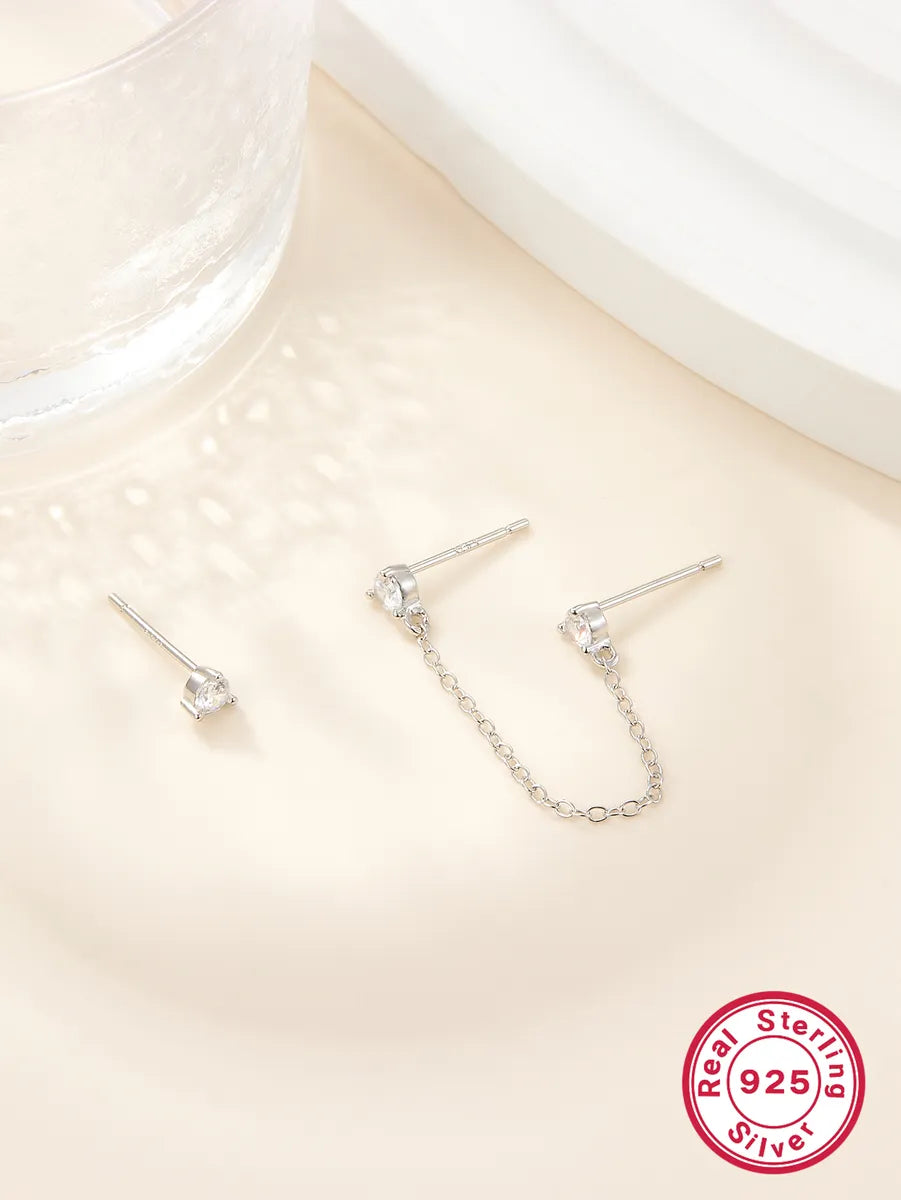 1 Pair Casual Simple Style Round Chain Plating Inlay Sterling Silver Zircon 18k Gold Plated White Gold Plated Ear Studs