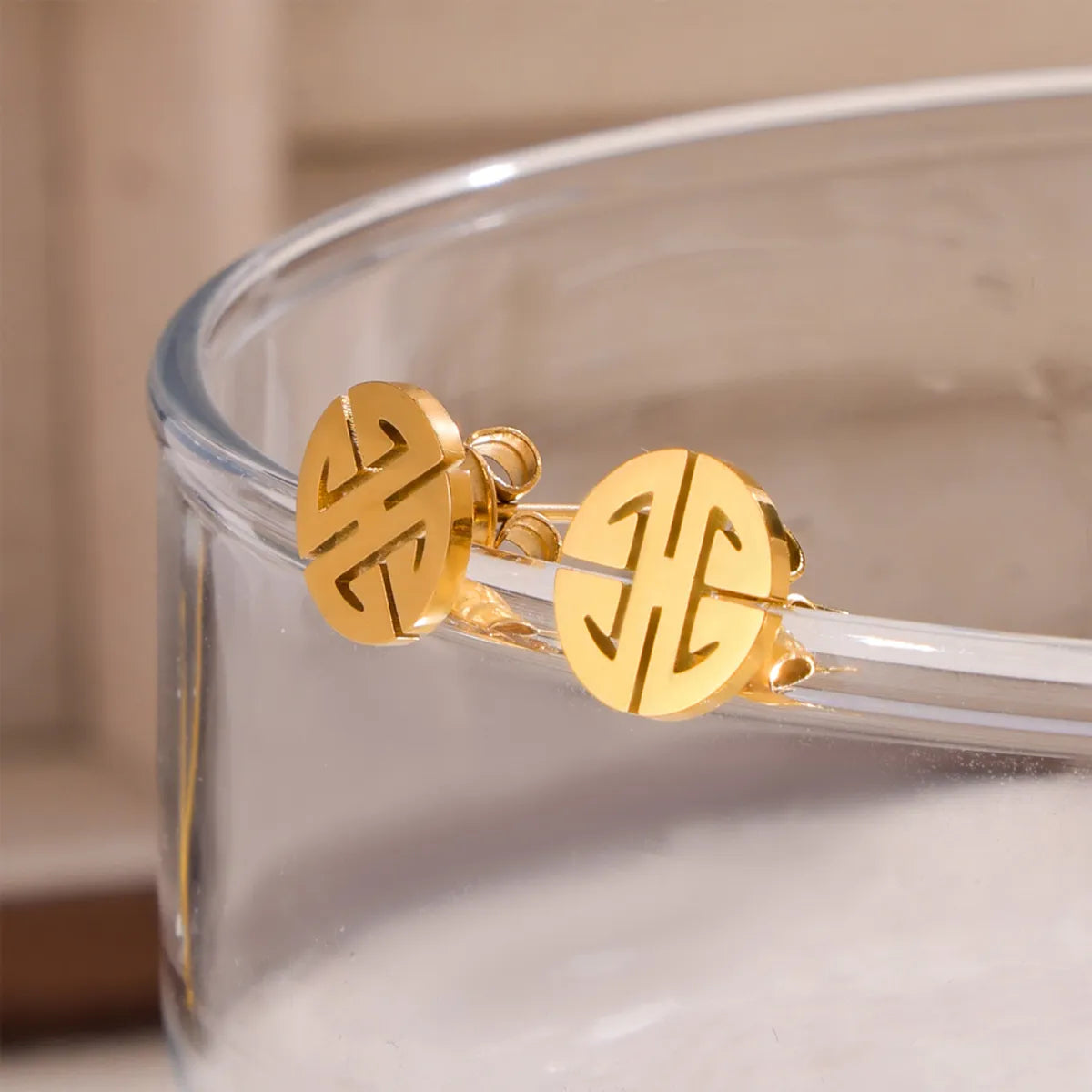 1 Pair Casual Simple Style Round Chinese Character Lines Hollow Out 304 Stainless Steel 18K Gold Plated Ear Studs