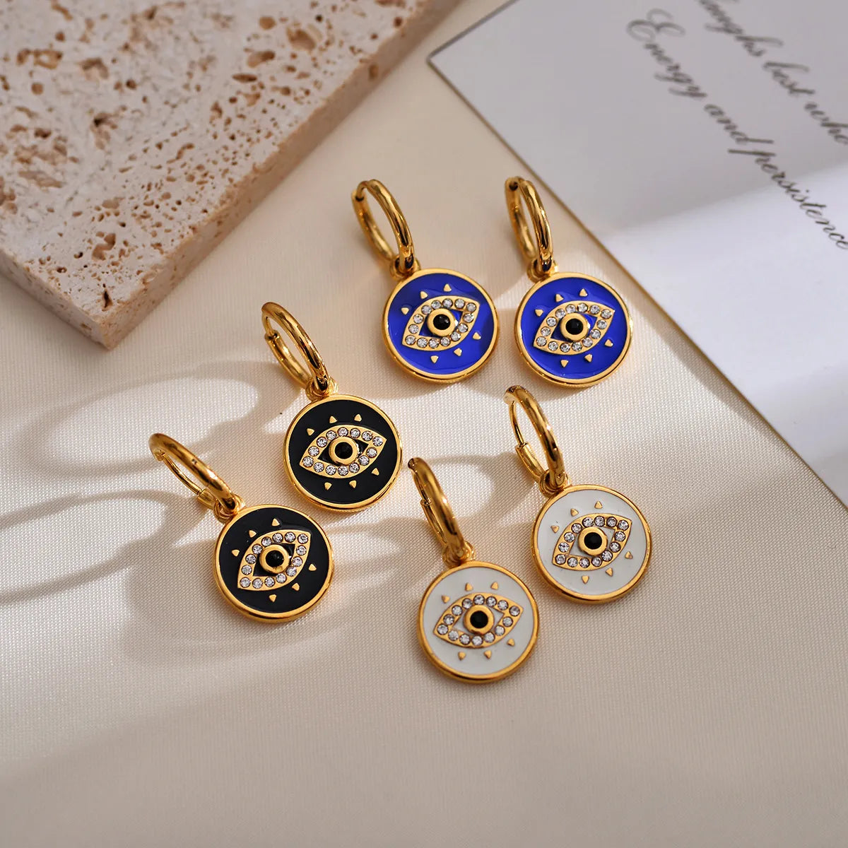 1 Pair Casual Simple Style Round Devil's Eye Enamel Plating Inlay Stainless Steel Rhinestones Drop Earrings