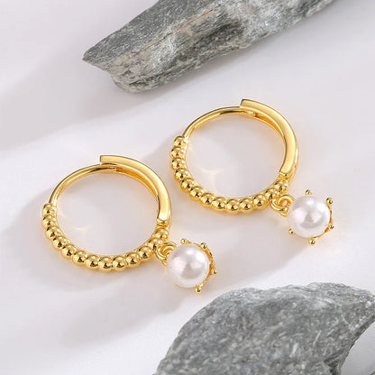 1 Pair Casual Simple Style Round Inlay Sterling Silver Pearl 14K Gold Plated Drop Earrings