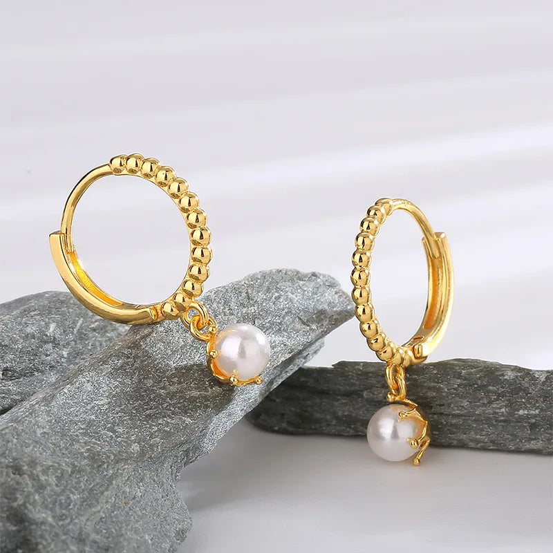 1 Pair Casual Simple Style Round Inlay Sterling Silver Pearl 14K Gold Plated Drop Earrings