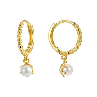 1 Pair Casual Simple Style Round Inlay Sterling Silver Pearl 14K Gold Plated Drop Earrings