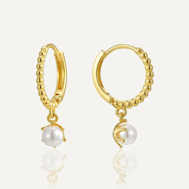 1 Pair Casual Simple Style Round Inlay Sterling Silver Pearl 14K Gold Plated Drop Earrings