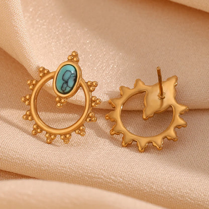 1 Pair Casual Simple Style Round Oval Plating Inlay Stainless Steel Turquoise 18k Gold Plated Drop Earrings