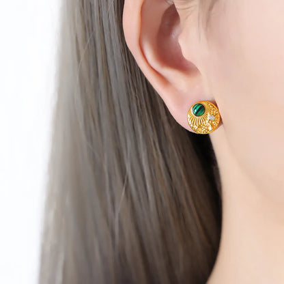 1 Pair Casual Simple Style Round Plating Inlay Titanium Steel Turquoise Rhinestones 18K Gold Plated Ear Studs