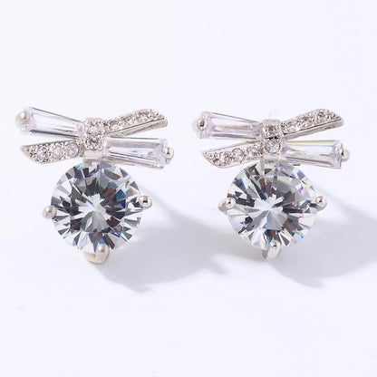 1 Pair Casual Simple Style Shiny Bow Knot Plating Inlay Copper Zircon White Gold Plated Ear Studs