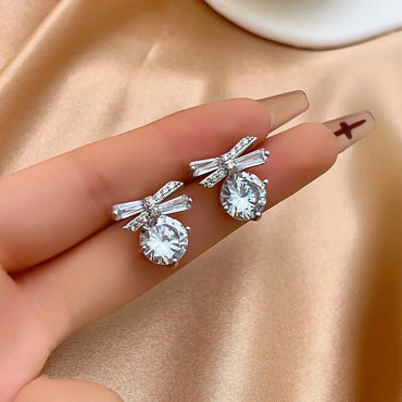 1 Pair Casual Simple Style Shiny Bow Knot Plating Inlay Copper Zircon White Gold Plated Ear Studs