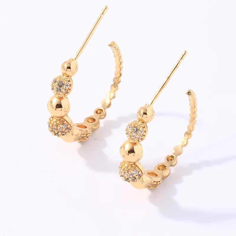 1 Pair Casual Simple Style Shiny C Shape Round Plating Inlay Copper Zircon Gold Plated Ear Studs