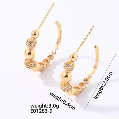 1 Pair Casual Simple Style Shiny C Shape Round Plating Inlay Copper Zircon Gold Plated Ear Studs