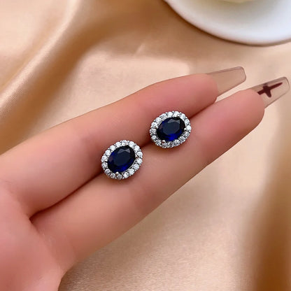 1 Pair Casual Simple Style Shiny Oval Water Droplets Plating Inlay Copper Zircon Rhodium Plated Ear Studs