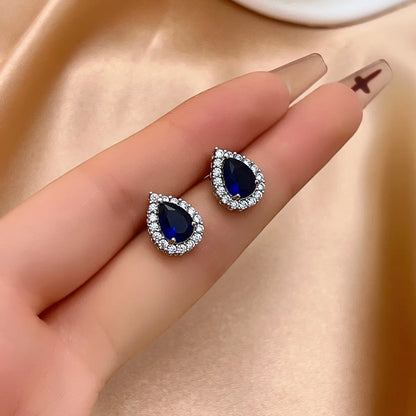 1 Pair Casual Simple Style Shiny Oval Water Droplets Plating Inlay Copper Zircon Rhodium Plated Ear Studs