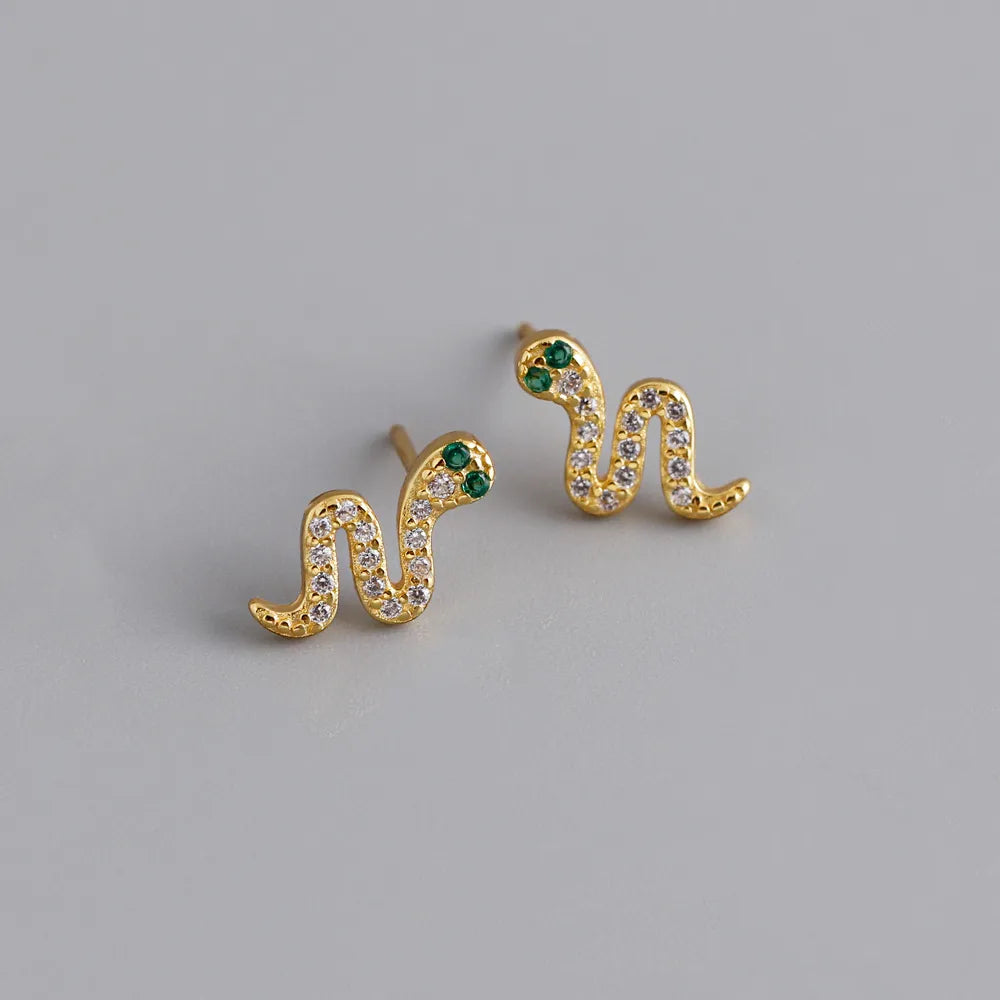 1 Pair Casual Simple Style Snake Plating Inlay Sterling Silver Rhinestones 18k Gold Plated White Gold Plated Ear Studs