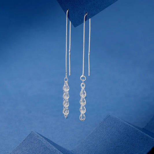 1 Pair Casual Simple Style Solid Color Grain Tassel Inlay Sterling Silver Zircon Ear Line