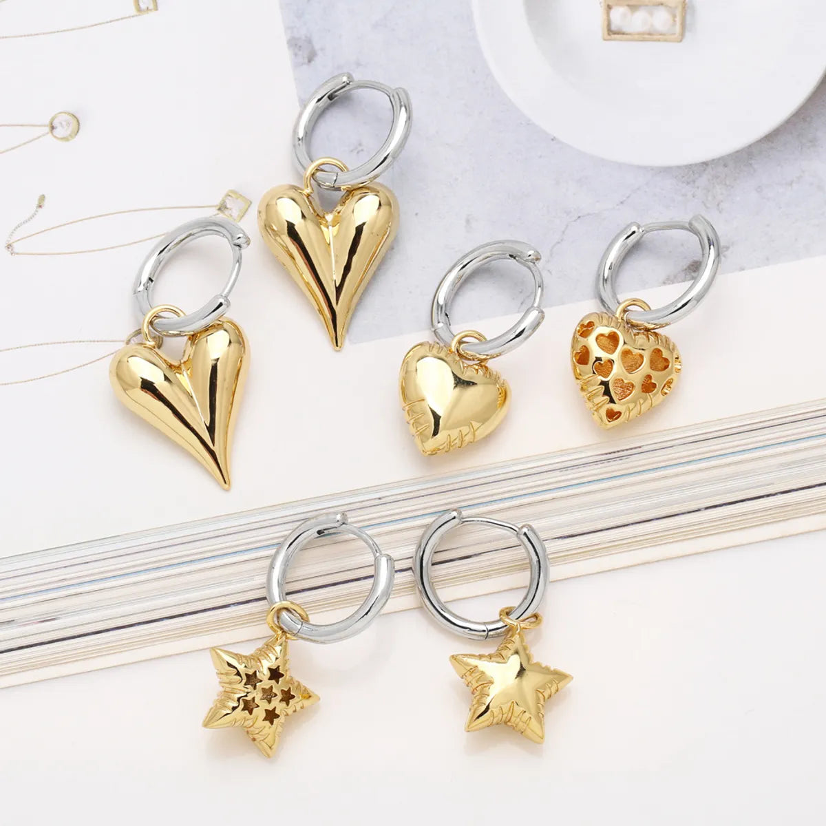 1 Pair Casual Simple Style Star Heart Shape Hollow Out Copper 18K Gold Plated Drop Earrings