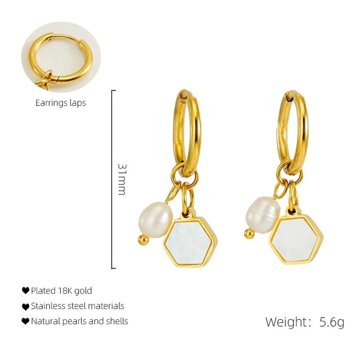 1 Pair Casual Simple Style Triangle Star Heart Shape Pearl Inlay Titanium Steel Shell 18K Gold Plated Drop Earrings