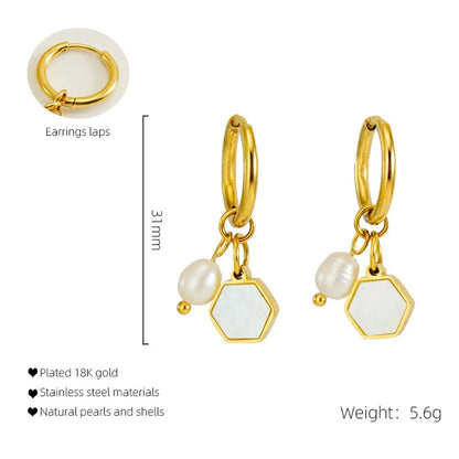 1 Pair Casual Simple Style Triangle Star Heart Shape Pearl Inlay Titanium Steel Shell 18K Gold Plated Drop Earrings