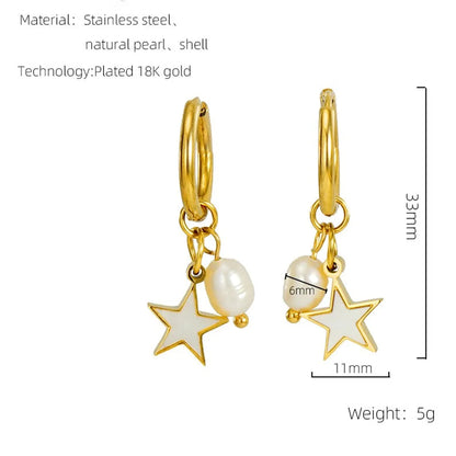 1 Pair Casual Simple Style Triangle Star Heart Shape Pearl Inlay Titanium Steel Shell 18K Gold Plated Drop Earrings