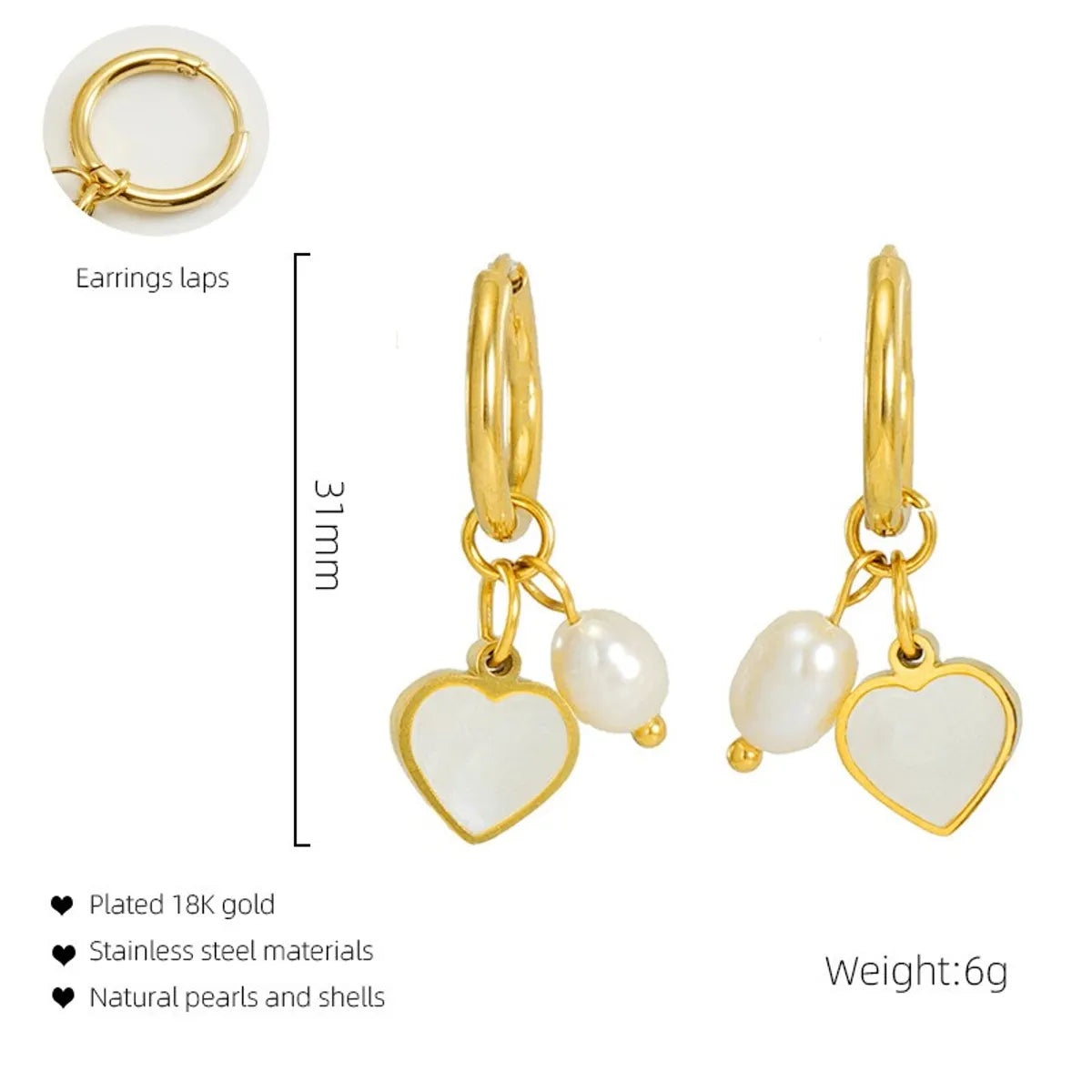 1 Pair Casual Simple Style Triangle Star Heart Shape Pearl Inlay Titanium Steel Shell 18K Gold Plated Drop Earrings